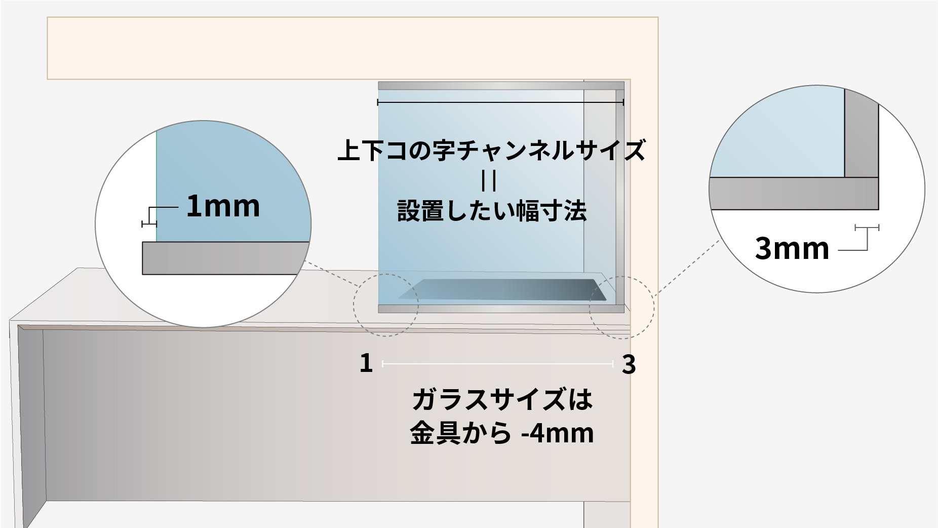 オイルガード（上下+壁）タイプのガラス幅寸法